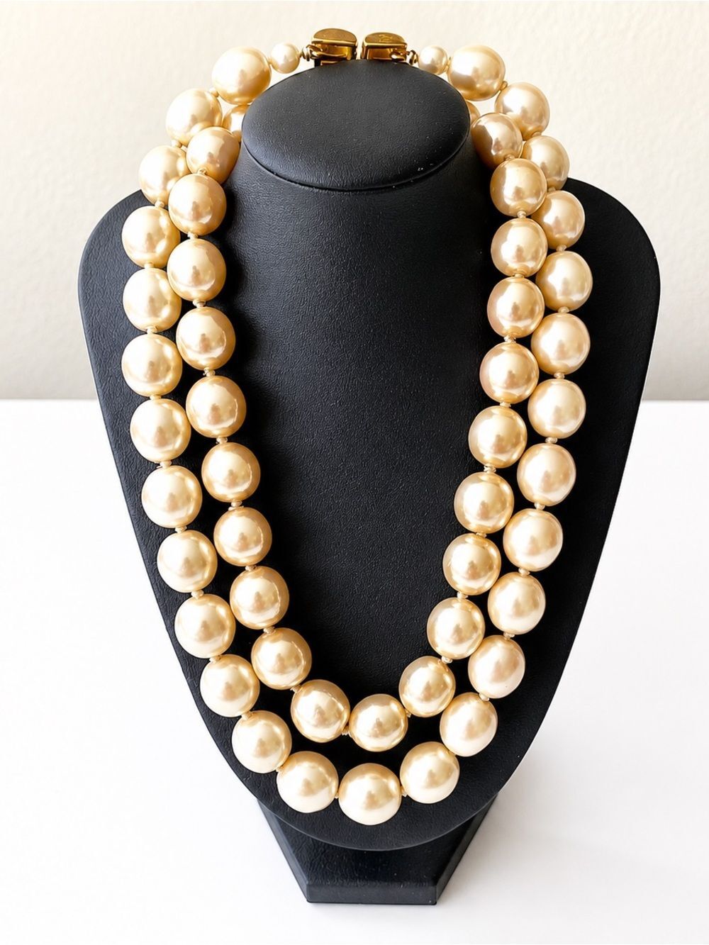 KARL LAGERFELD Vintage Double Strand Faux Pearl Necklace Gold Plated Clasp KL‎